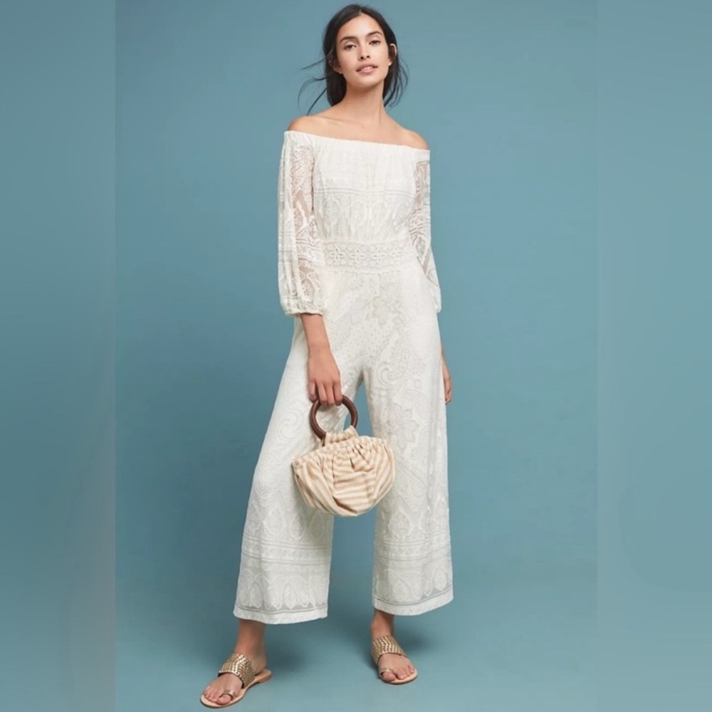 Farm Rio X Anthropology White Lace Off-Shoulder Jumpsuit